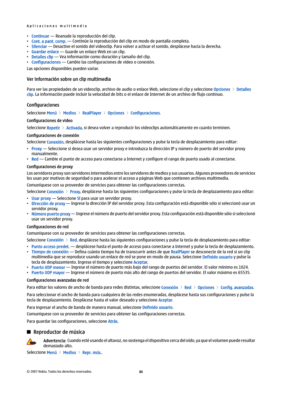 Configuraciones, Configuraciones de video, Configuraciones de conexión | Configuraciones de proxy, Configuraciones de red, Configuraciones avanzadas de red, Reproductor de música | Nokia E61i User Manual | Page 213 / 241