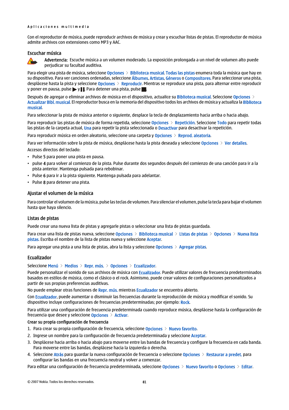 Escuchar música, Ajustar el volumen de la música, Listas de pistas | Ecualizador | Nokia E61i User Manual | Page 214 / 241