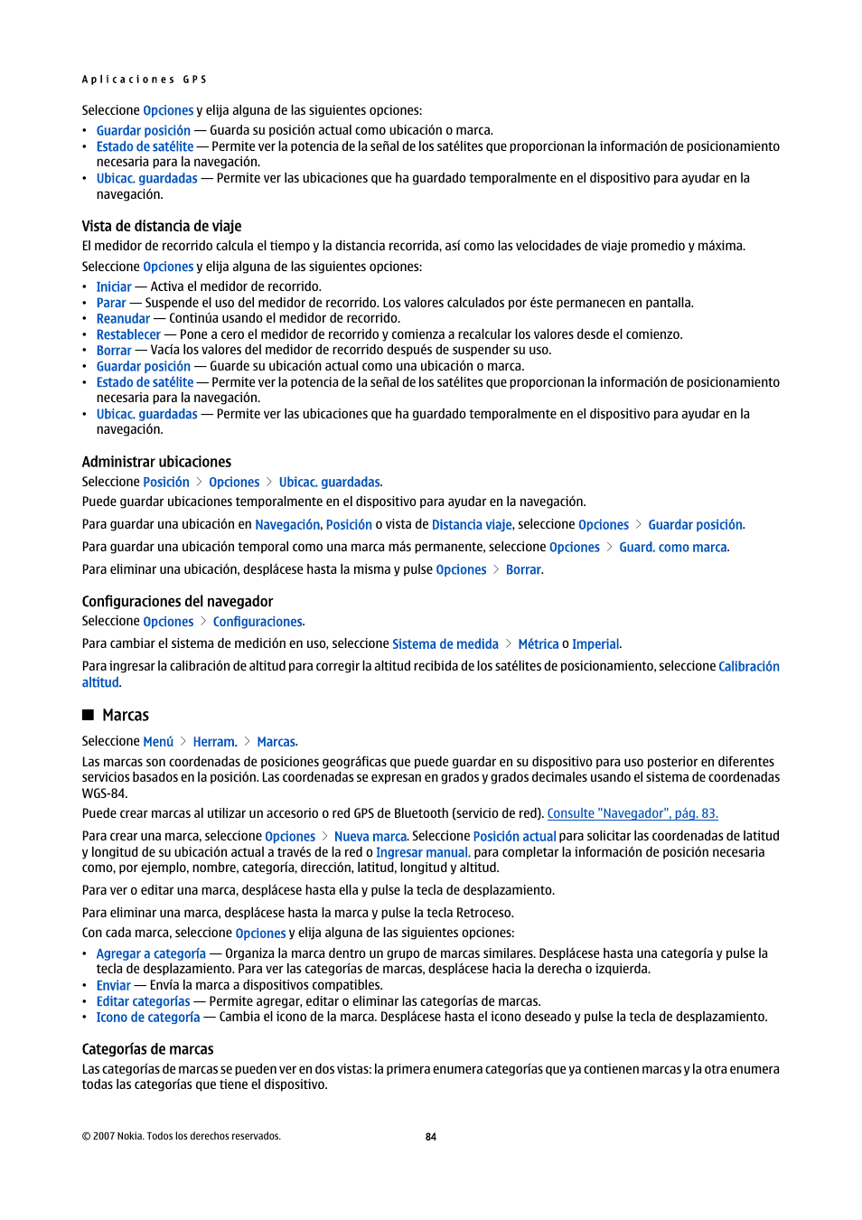 Vista de distancia de viaje, Administrar ubicaciones, Configuraciones del navegador | Marcas, Categorías de marcas | Nokia E61i User Manual | Page 217 / 241