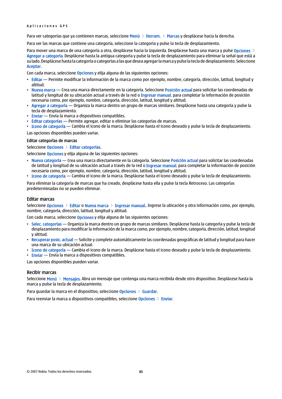 Editar categorías de marcas, Editar marcas, Recibir marcas | Nokia E61i User Manual | Page 218 / 241