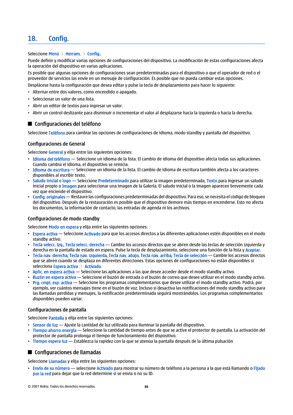 Config, Configuraciones de modo standby, Configuraciones de pantalla | Configuraciones de llamadas | Nokia E61i User Manual | Page 219 / 241