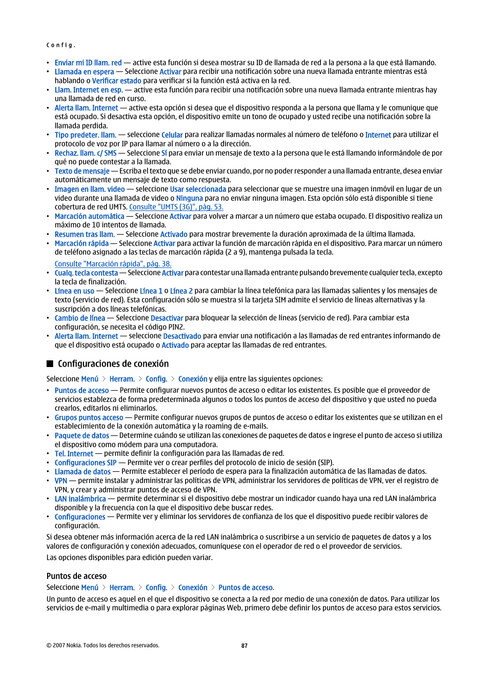 Configuraciones de conexión, Puntos de acceso, Consulte "puntos de acceso", pág. 87 | Nokia E61i User Manual | Page 220 / 241