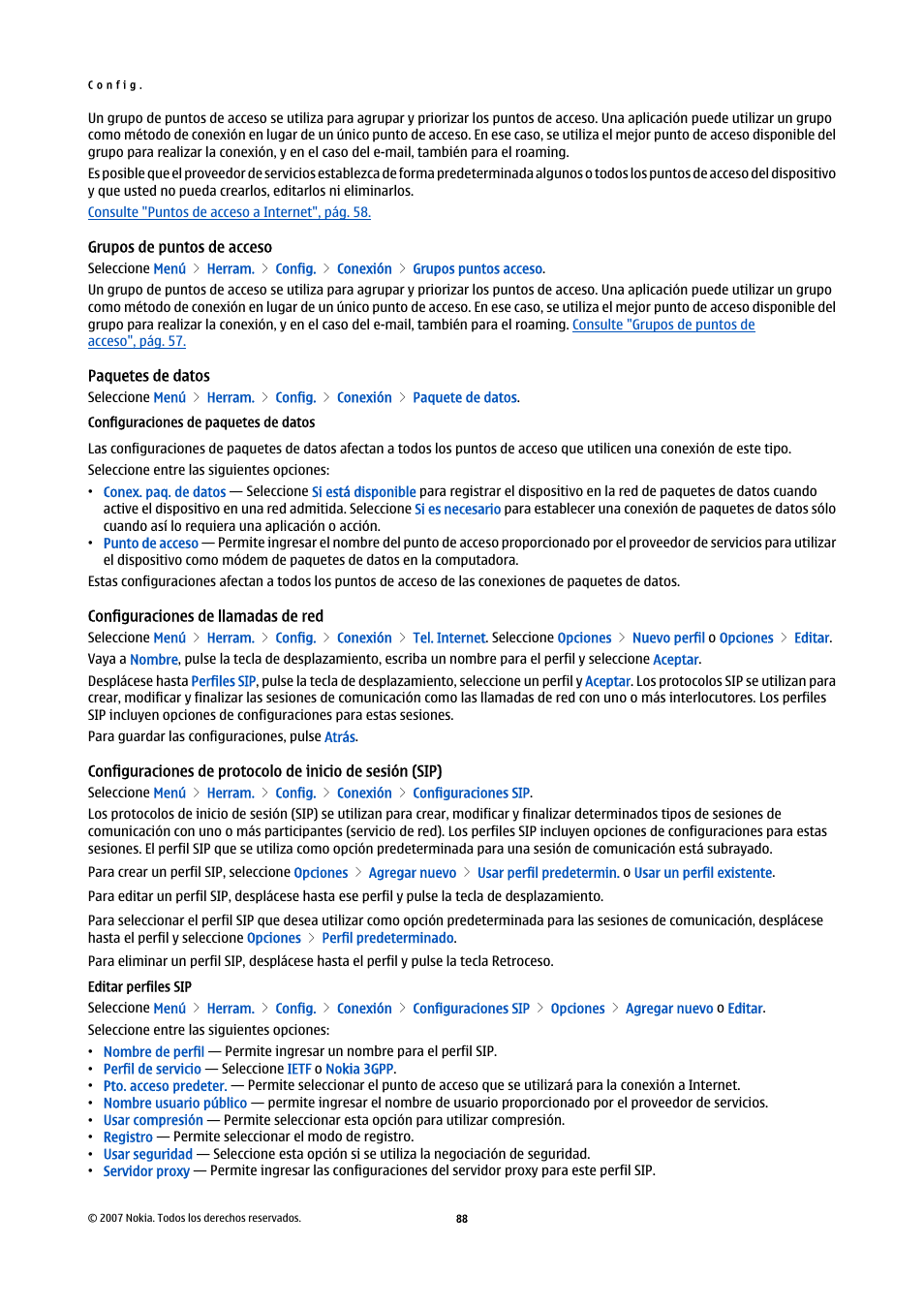 Grupos de puntos de acceso, Paquetes de datos, Configuraciones de paquetes de datos | Configuraciones de llamadas de red, Editar perfiles sip | Nokia E61i User Manual | Page 221 / 241