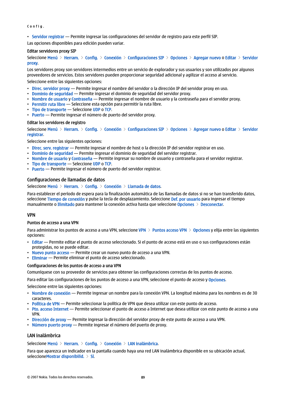 Editar servidores proxy sip, Configuraciones de llamadas de datos, Puntos de acceso a una vpn | Configuraciones de los puntos de acceso a una vpn, Lan inalámbrica | Nokia E61i User Manual | Page 222 / 241