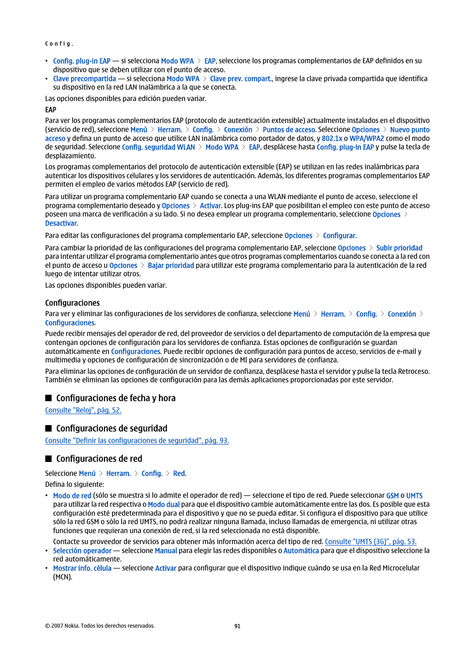 Configuraciones de seguridad | Nokia E61i User Manual | Page 224 / 241