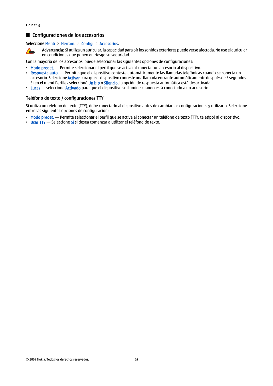 Configuraciones de los accesorios, Teléfono de texto / configuraciones tty | Nokia E61i User Manual | Page 225 / 241