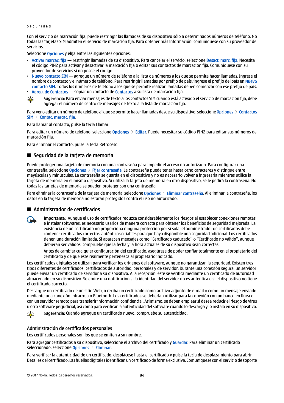 Seguridad de la tarjeta de memoria, Administrador de certificados, Administración de certificados personales | Nokia E61i User Manual | Page 227 / 241