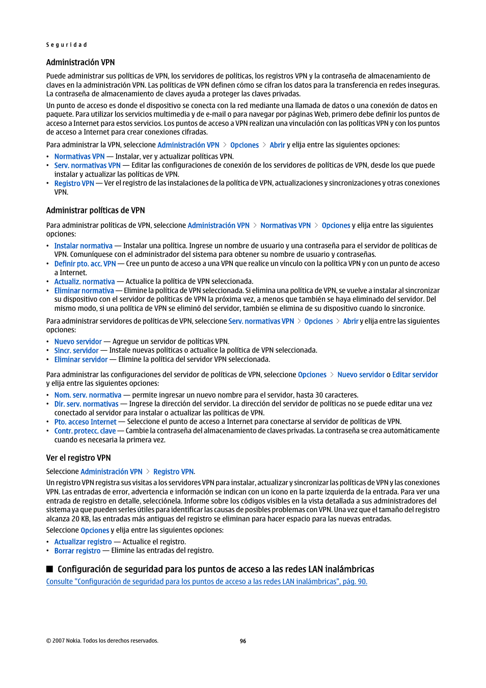 Administración vpn, Administrar políticas de vpn, Ver el registro vpn | Redes lan inalámbricas | Nokia E61i User Manual | Page 229 / 241