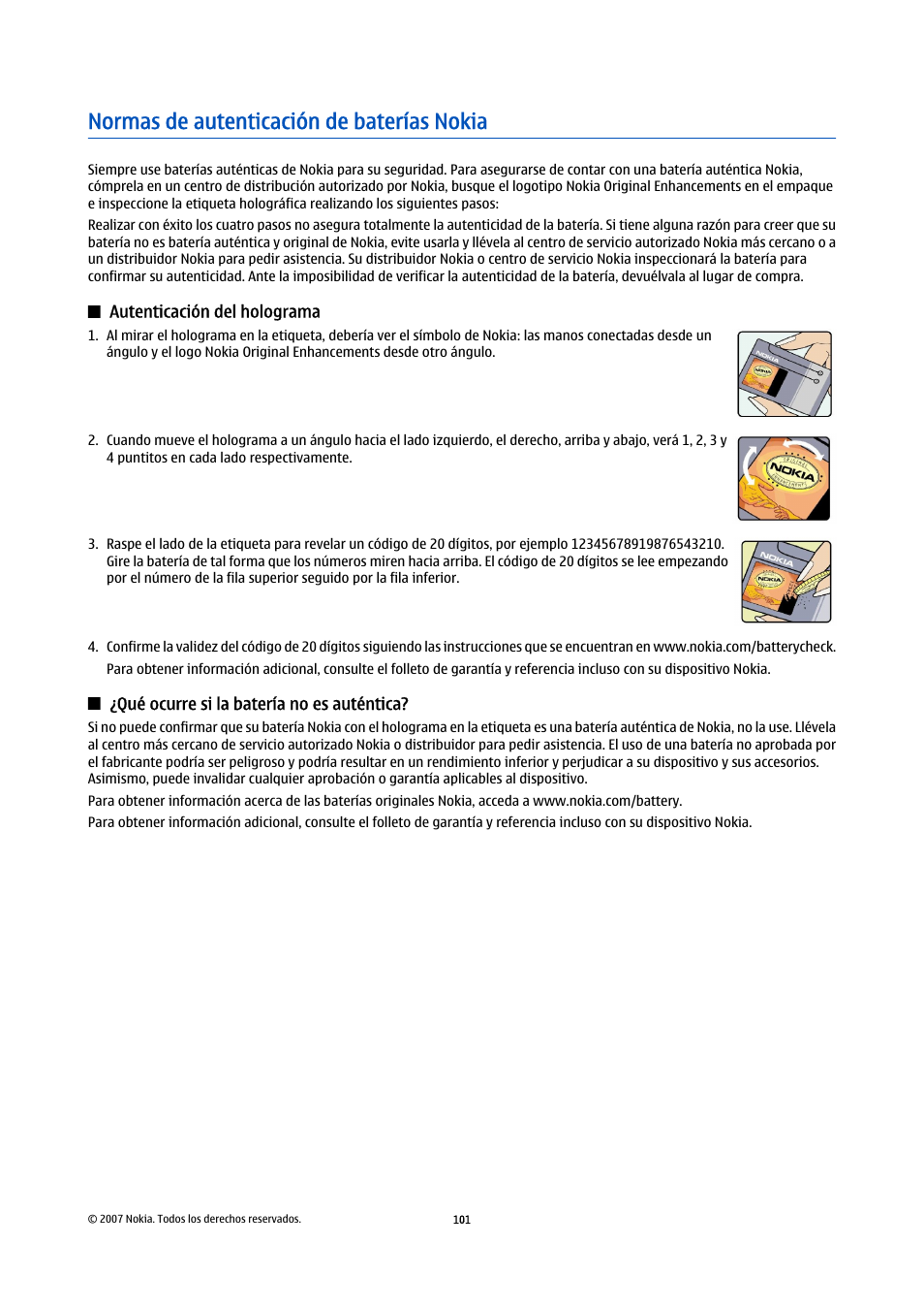 Normas de autenticación de baterías nokia, Autenticación del holograma, Qué ocurre si la batería no es auténtica | Nokia E61i User Manual | Page 234 / 241