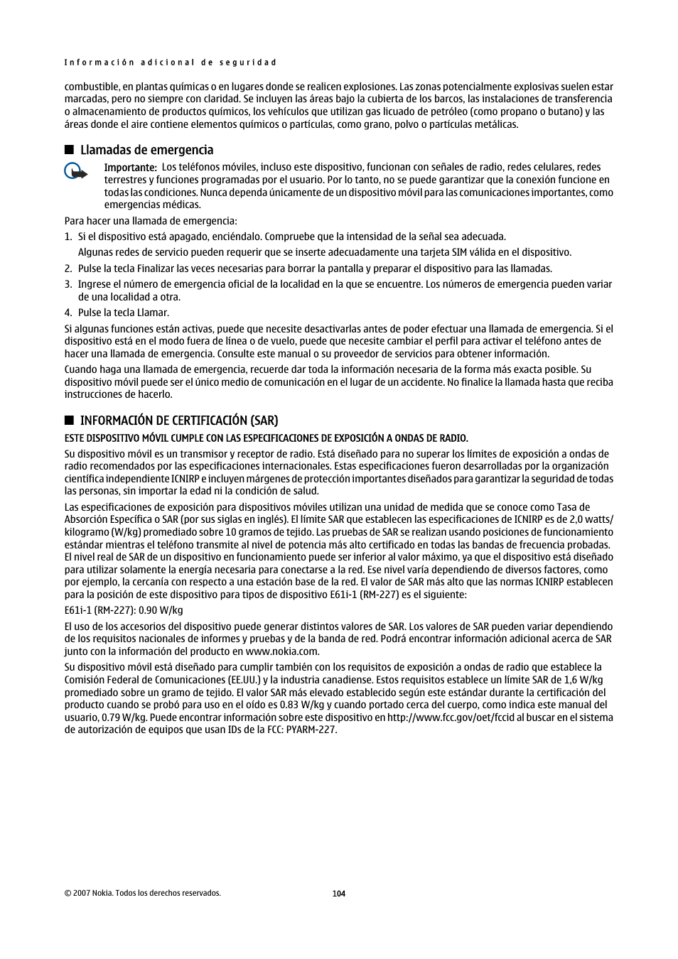 Llamadas de emergencia, Información de certificación (sar) | Nokia E61i User Manual | Page 237 / 241