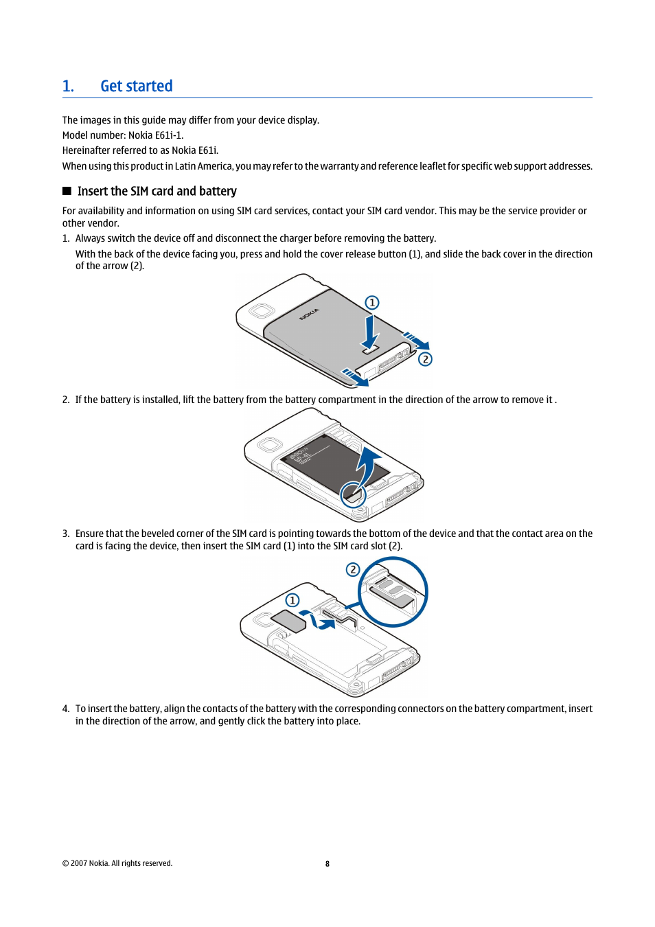 Get started, Insert the sim card and battery | Nokia E61i User Manual | Page 40 / 241