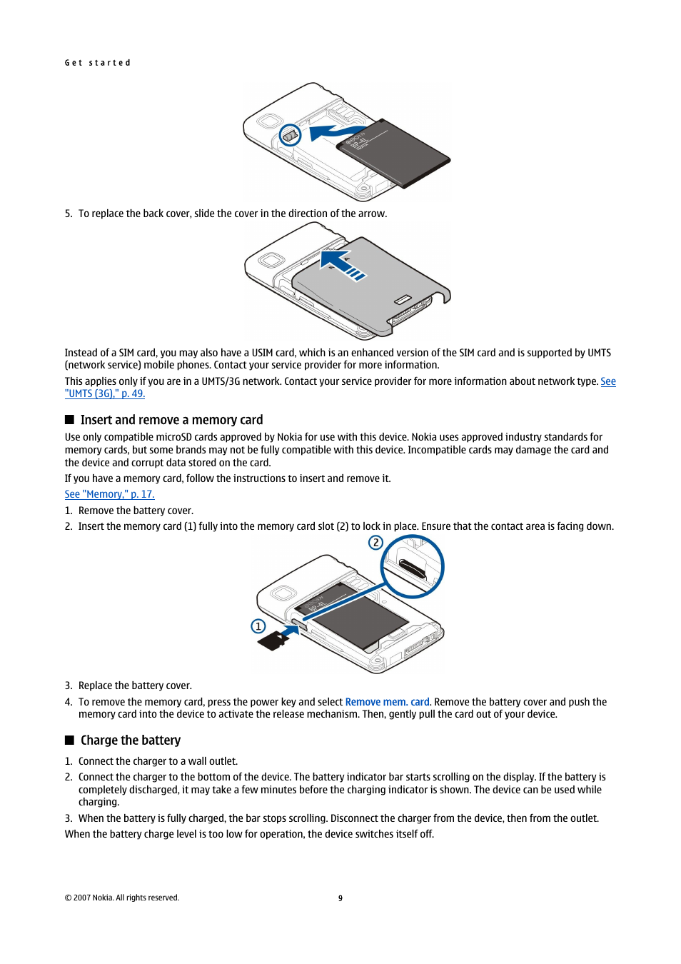 Insert and remove a memory card, Charge the battery | Nokia E61i User Manual | Page 41 / 241