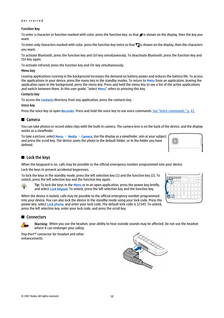 Camera, Lock the keys, Connectors | Nokia E61i User Manual | Page 44 / 241