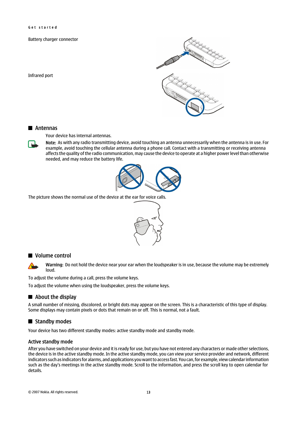 Antennas, Volume control, About the display | Standby modes, Active standby mode, See "standby, Modes," p. 13 | Nokia E61i User Manual | Page 45 / 241