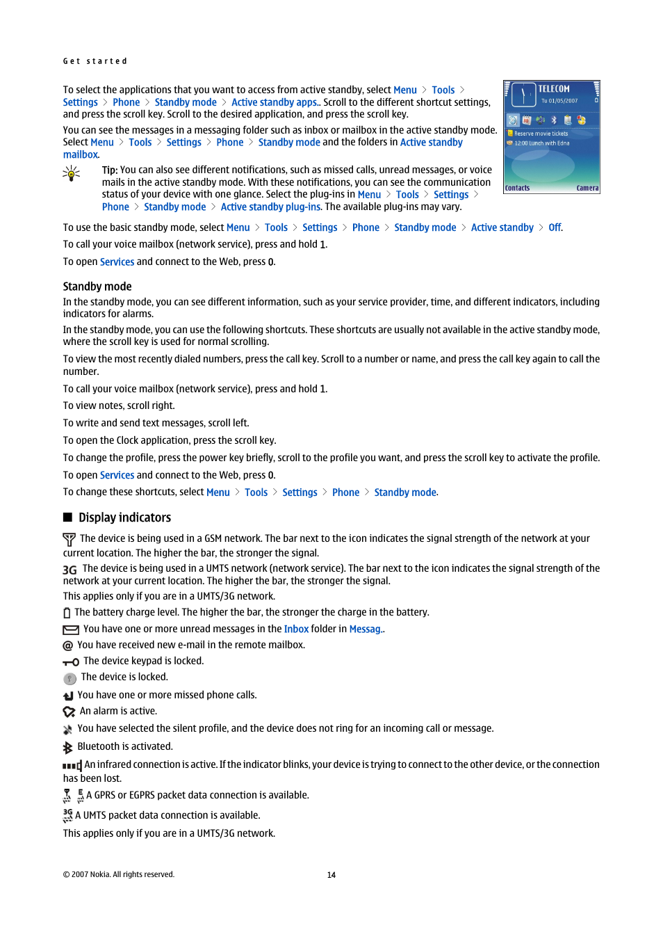Standby mode, Display indicators | Nokia E61i User Manual | Page 46 / 241