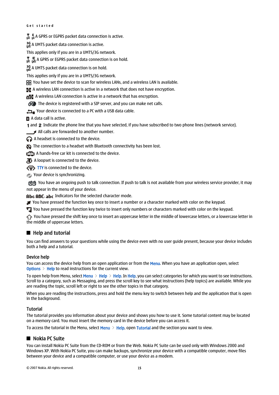 Help and tutorial, Device help, Tutorial | Nokia pc suite | Nokia E61i User Manual | Page 47 / 241