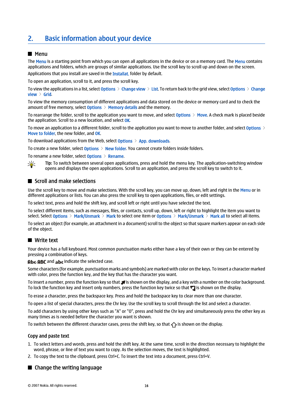 Basic information about your device, Menu, Scroll and make selections | Write text, Copy and paste text, Change the writing language | Nokia E61i User Manual | Page 48 / 241