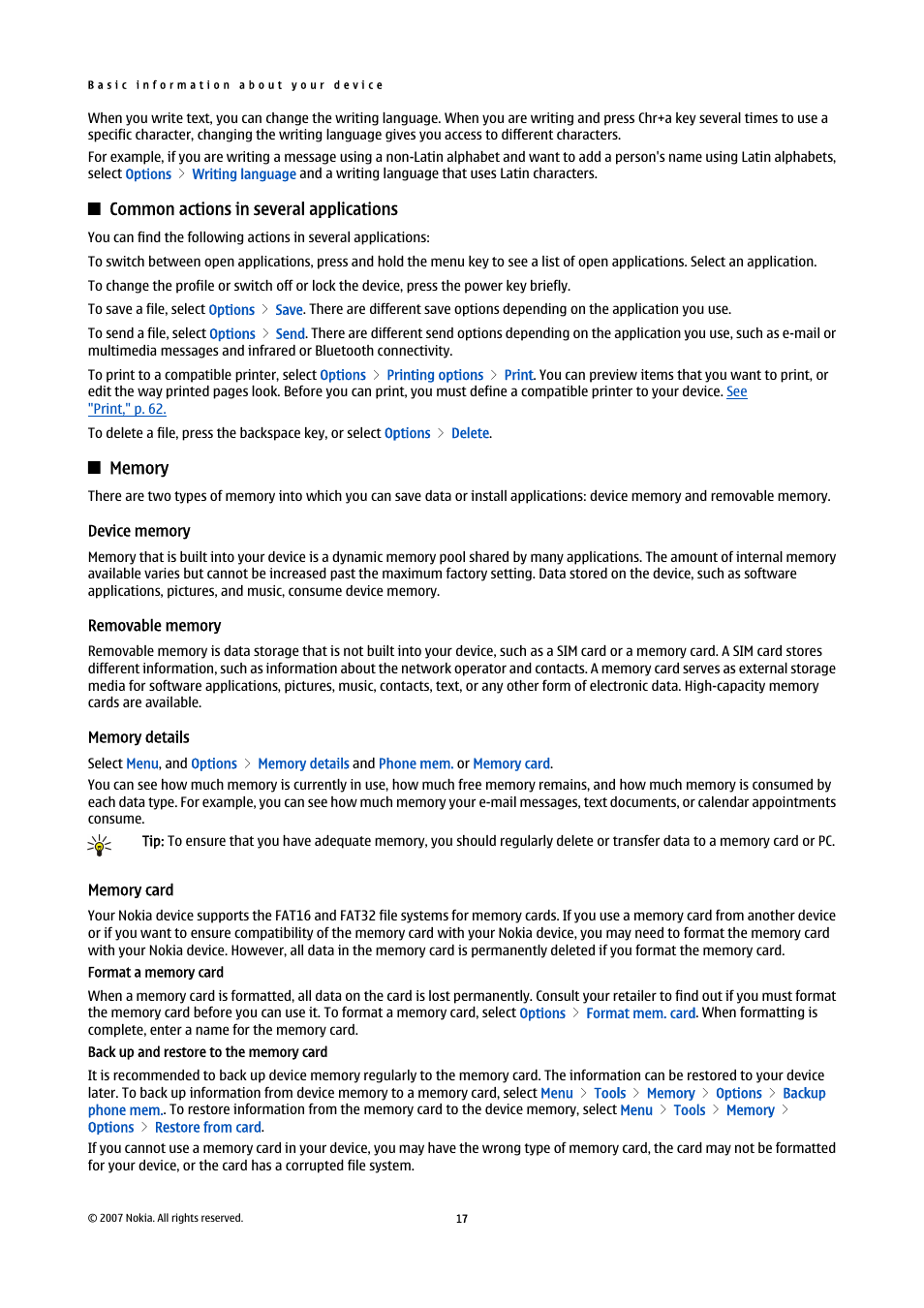 Common actions in several applications, Memory, Device memory | Removable memory, Memory details, Memory card, See "memory," p. 17 | Nokia E61i User Manual | Page 49 / 241