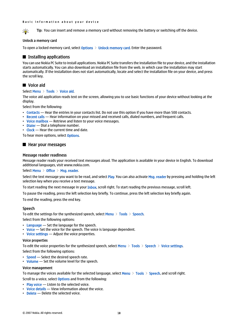 Unlock a memory card, Installing applications, Voice aid | Hear your messages, Message reader readiness, Speech, Voice properties, Voice management | Nokia E61i User Manual | Page 50 / 241