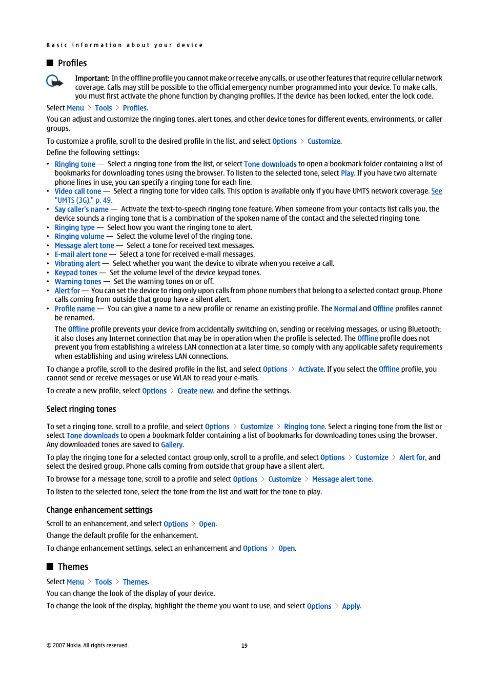 Profiles, Select ringing tones, Change enhancement settings | Themes | Nokia E61i User Manual | Page 51 / 241