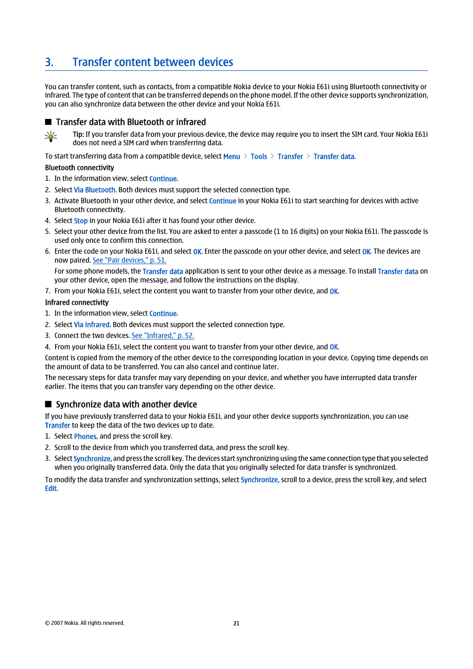 Transfer content between devices, Transfer data with bluetooth or infrared, Synchronize data with another device | Nokia E61i User Manual | Page 53 / 241