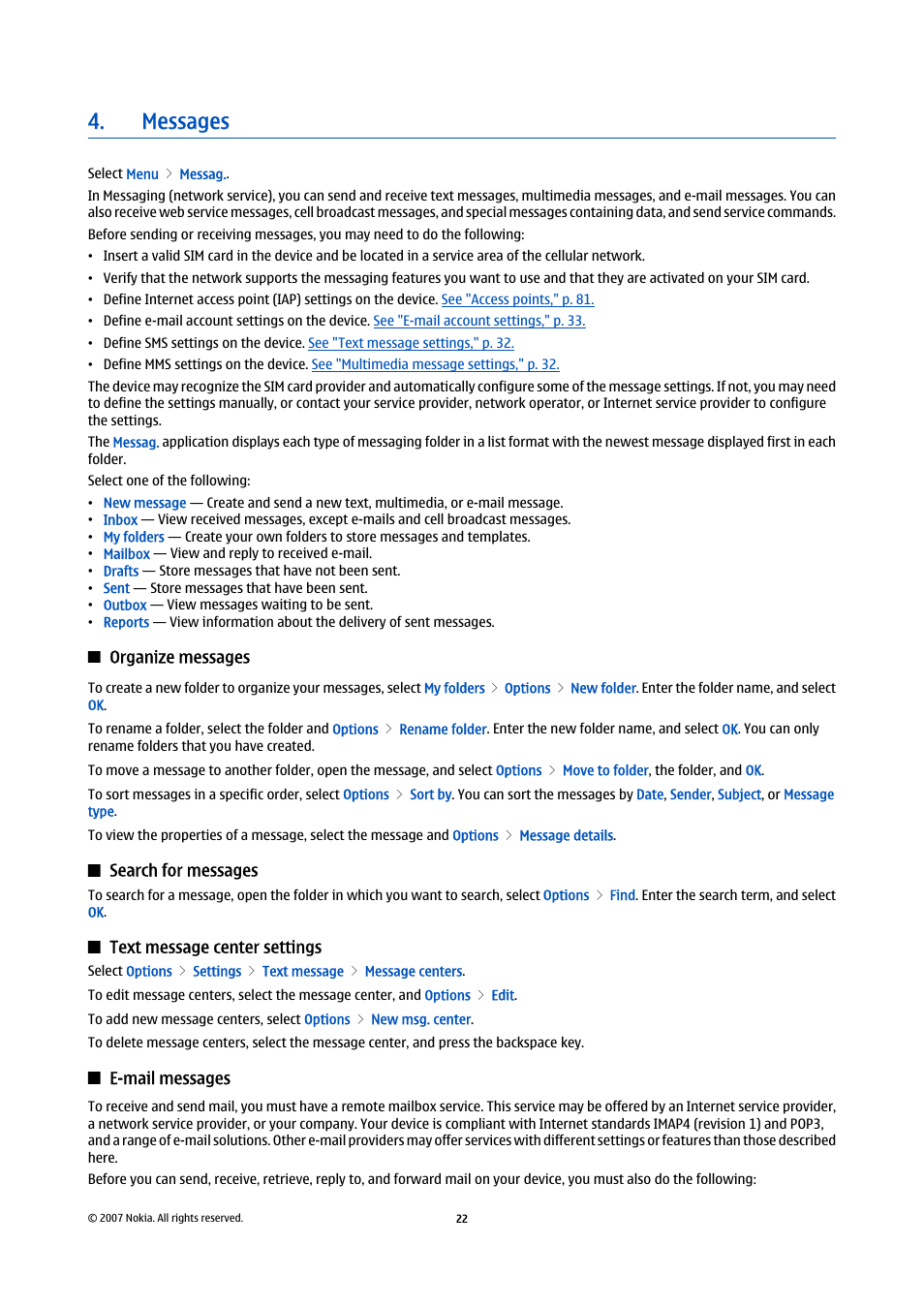 Messages, Organize messages, Search for messages | Text message center settings, E-mail messages | Nokia E61i User Manual | Page 54 / 241