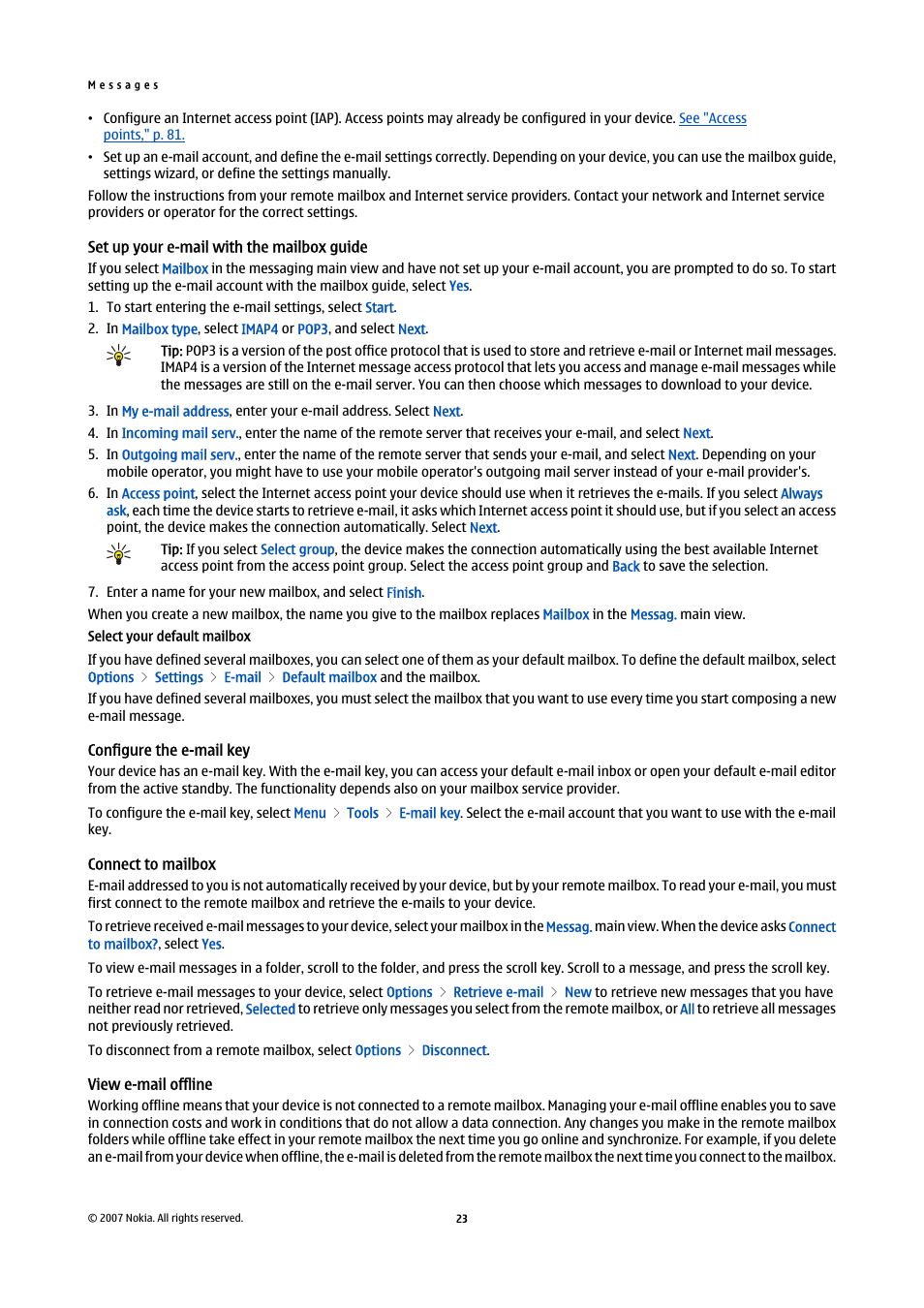 Set up your e-mail with the mailbox guide, Configure the e-mail key, Connect to mailbox | View e-mail offline, See "configure the e-mail key," p. 23 | Nokia E61i User Manual | Page 55 / 241