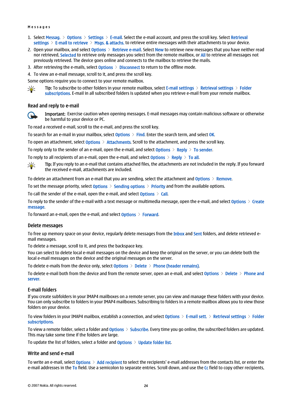 Read and reply to e-mail, Delete messages, E-mail folders | Write and send e-mail | Nokia E61i User Manual | Page 56 / 241