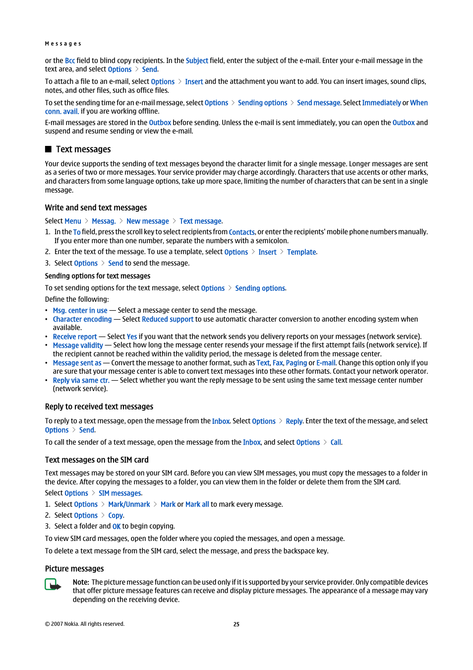 Text messages, Write and send text messages, Sending options for text messages | Reply to received text messages, Text messages on the sim card, Picture messages | Nokia E61i User Manual | Page 57 / 241