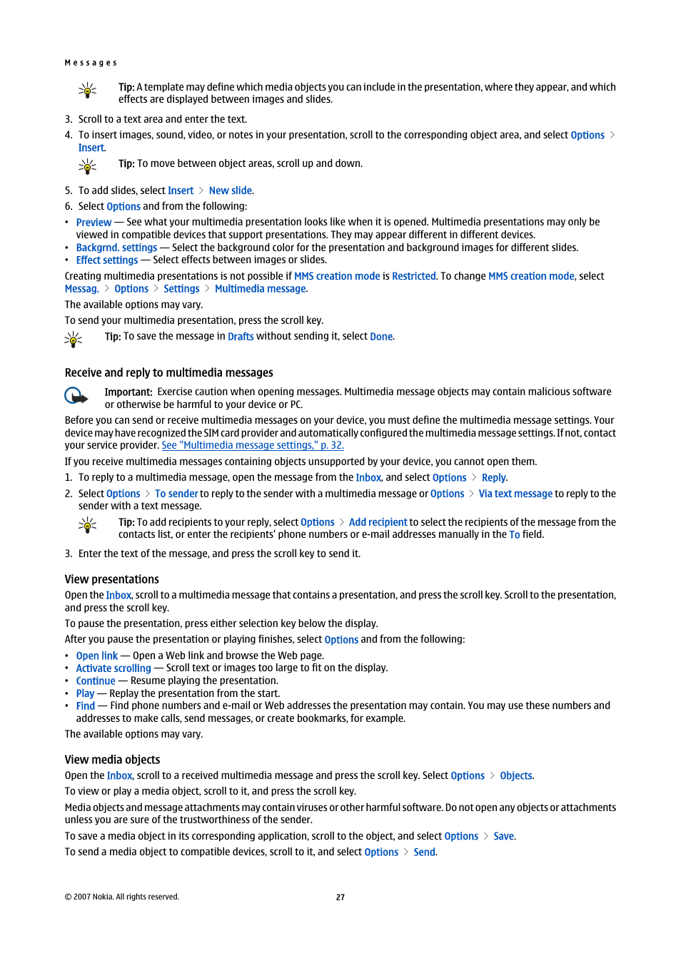 Receive and reply to multimedia messages, View presentations, View media objects | Nokia E61i User Manual | Page 59 / 241