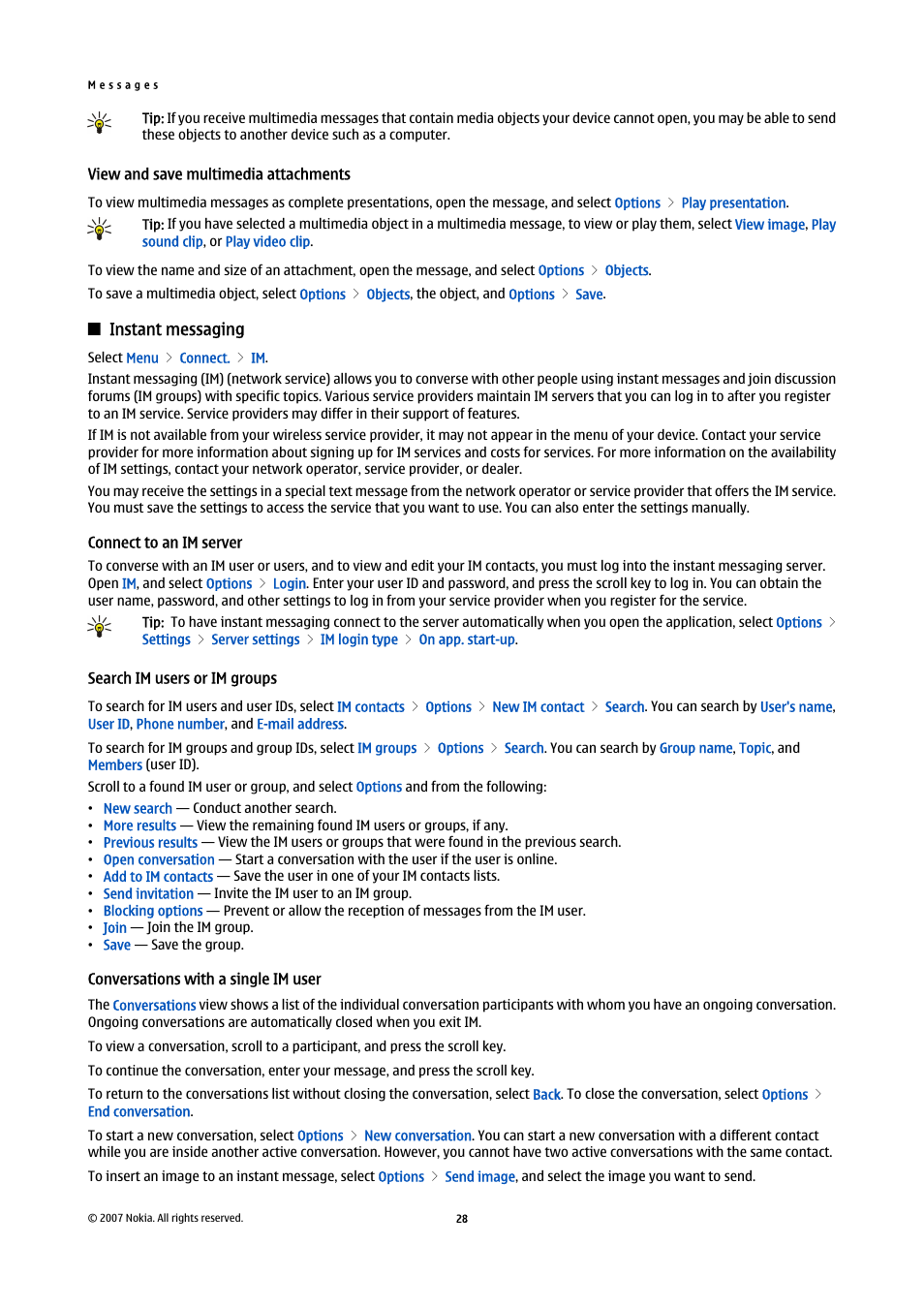 View and save multimedia attachments, Instant messaging, Connect to an im server | Search im users or im groups, Conversations with a single im user | Nokia E61i User Manual | Page 60 / 241