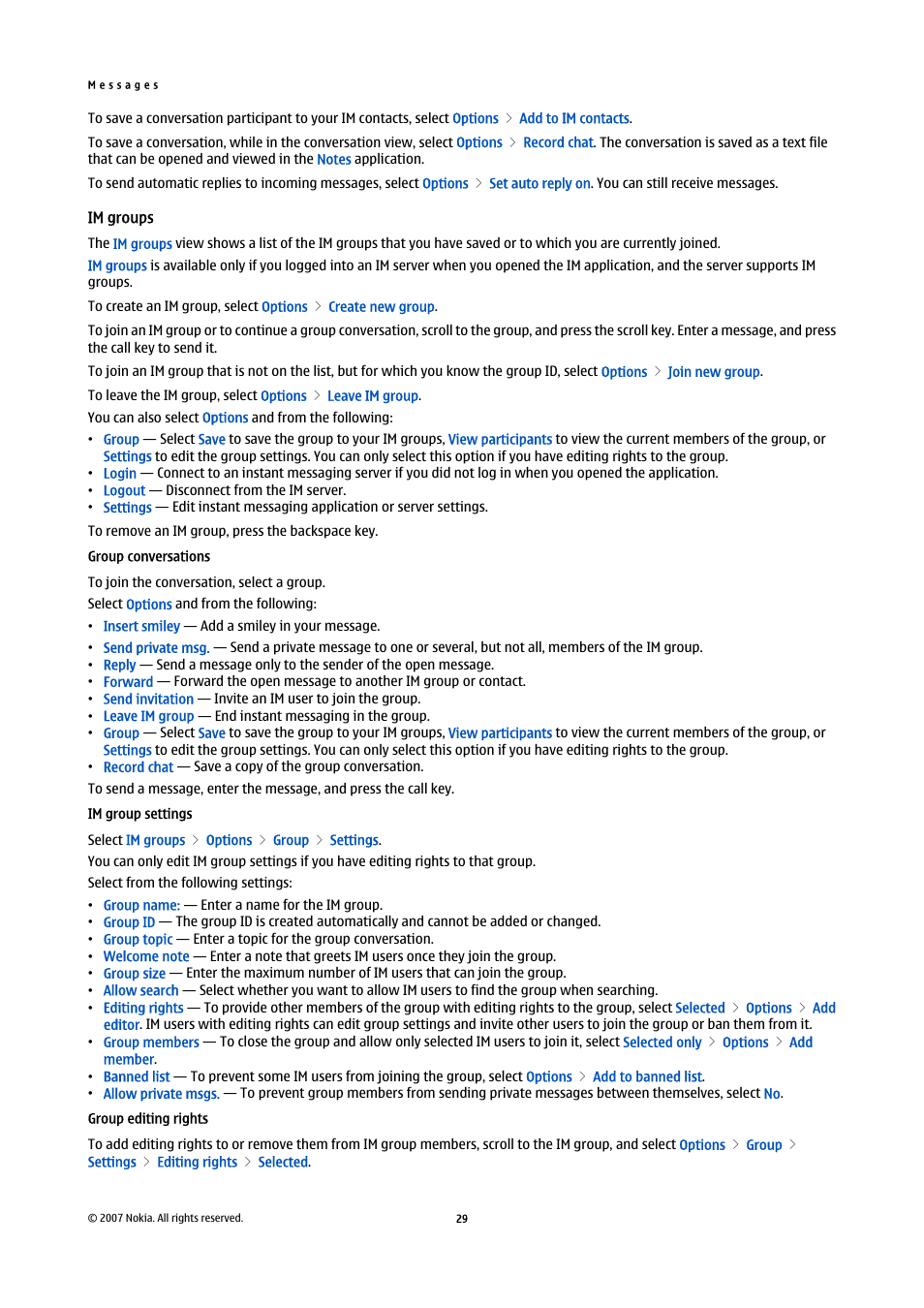 Im groups, Group conversations, Im group settings | Group editing rights | Nokia E61i User Manual | Page 61 / 241