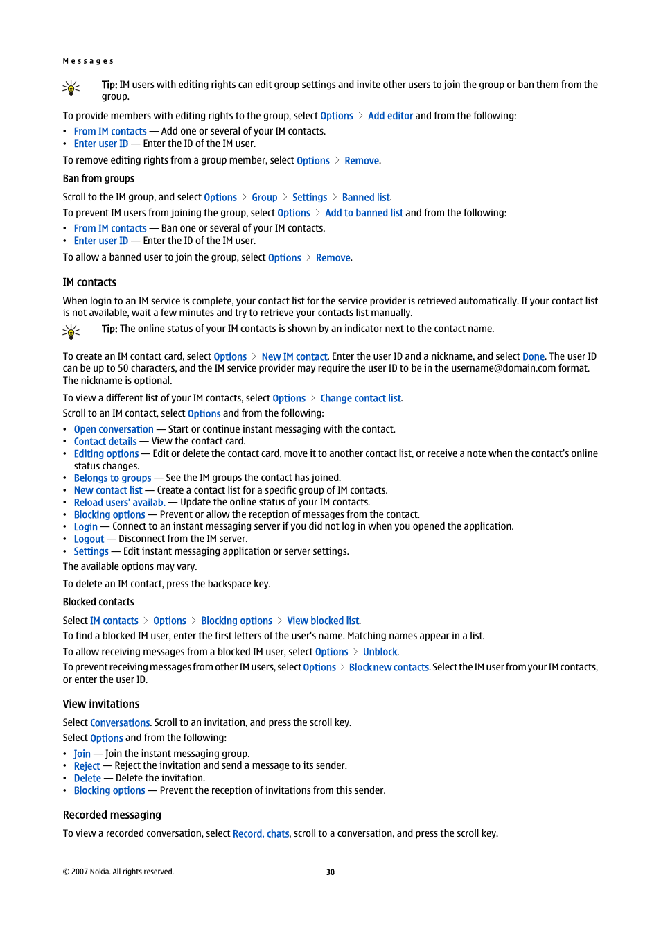 Ban from groups, Im contacts, Blocked contacts | View invitations, Recorded messaging | Nokia E61i User Manual | Page 62 / 241