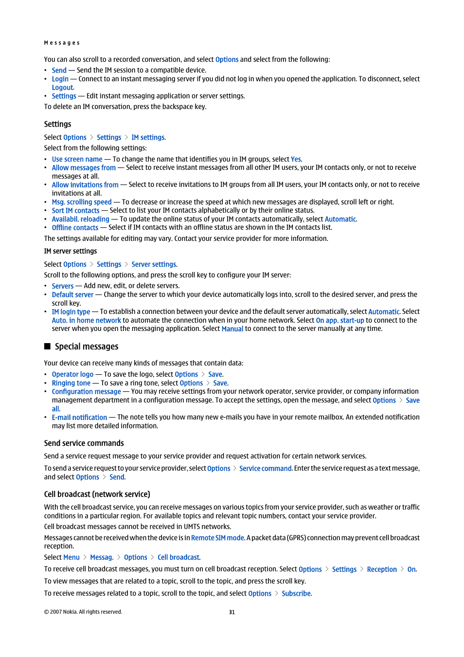 Settings, Im server settings, Special messages | Send service commands, Cell broadcast (network service) | Nokia E61i User Manual | Page 63 / 241