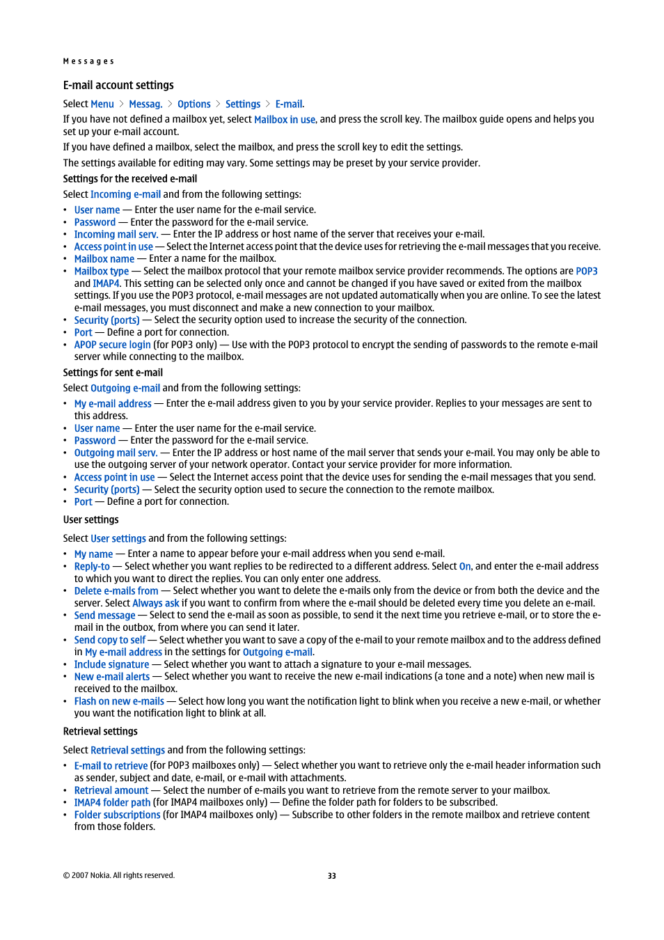 E-mail account settings, User settings, Retrieval settings | See "e-mail account settings," p. 33 | Nokia E61i User Manual | Page 65 / 241