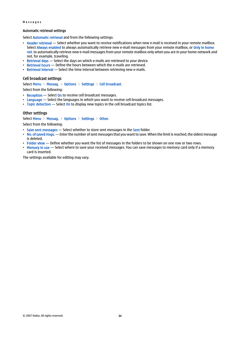 Automatic retrieval settings, Cell broadcast settings, Other settings | Nokia E61i User Manual | Page 66 / 241