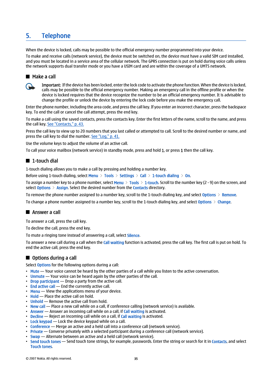 Telephone, Make a call, Touch dial | Answer a call, Options during a call | Nokia E61i User Manual | Page 67 / 241