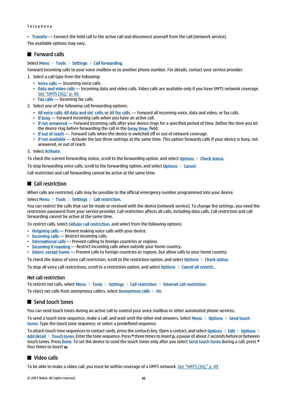 Forward calls, Call restriction, Net call restriction | Send touch tones, Video calls | Nokia E61i User Manual | Page 68 / 241