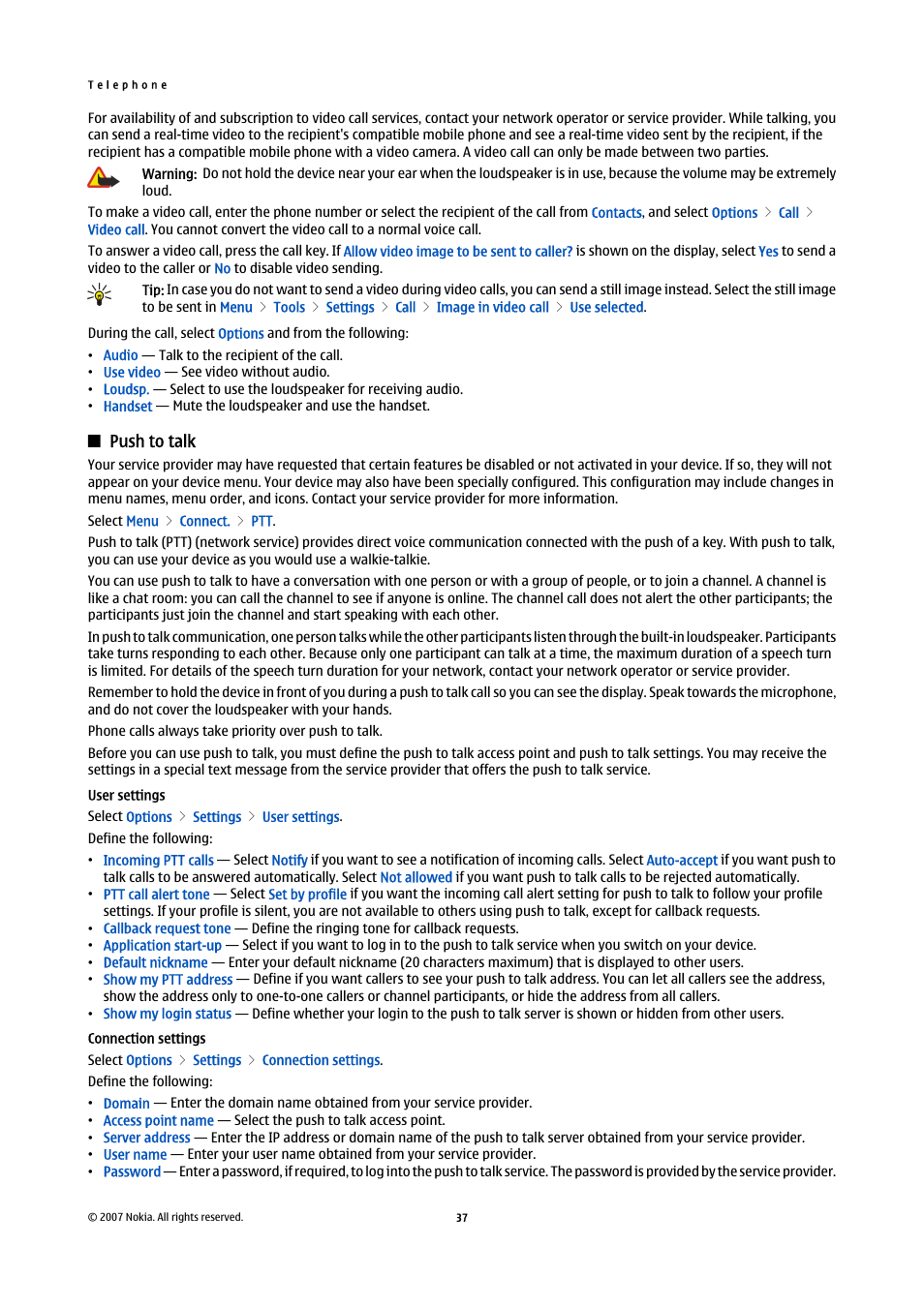 Push to talk, User settings, Connection settings | Nokia E61i User Manual | Page 69 / 241