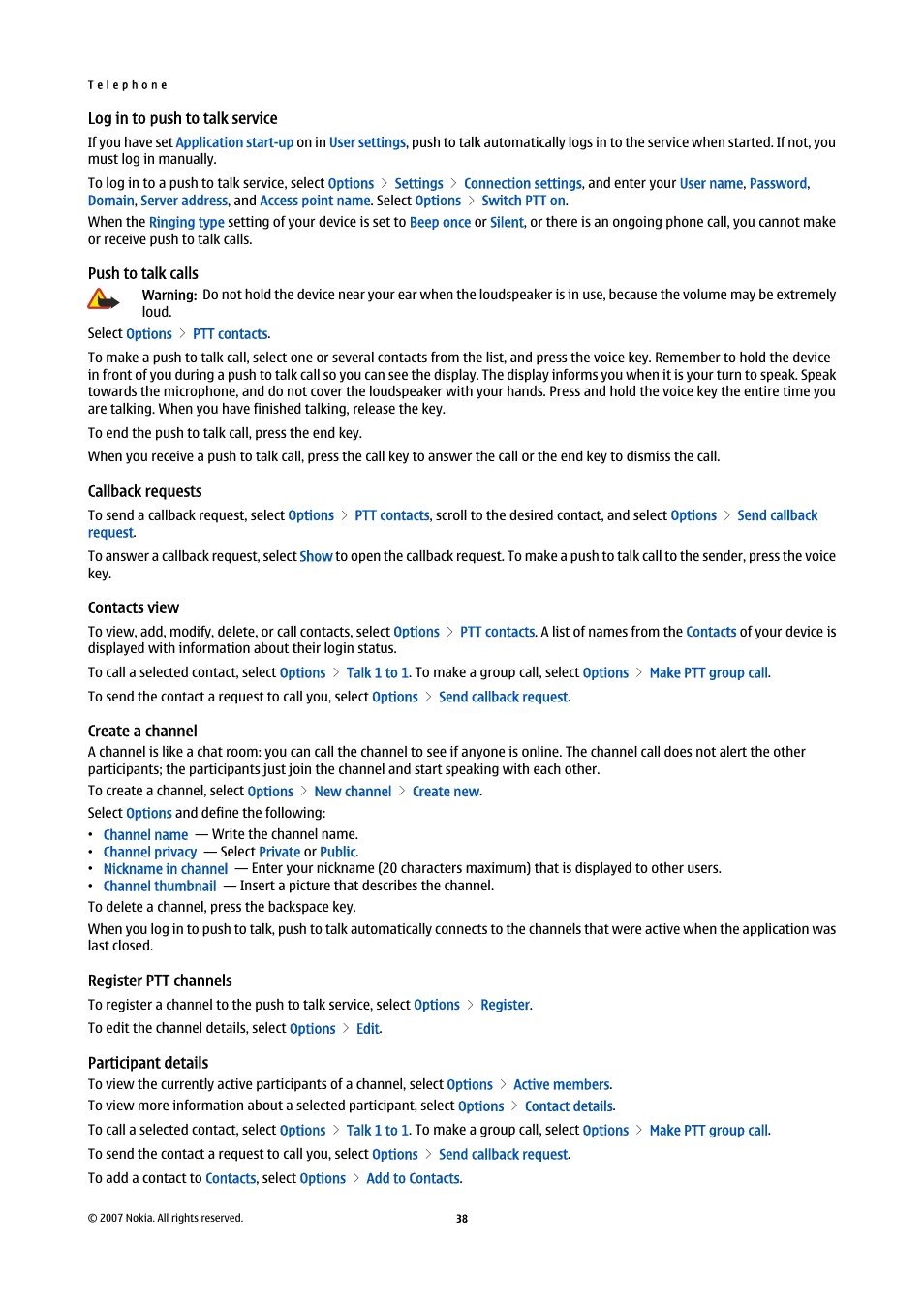 Log in to push to talk service, Push to talk calls, Callback requests | Contacts view, Create a channel, Register ptt channels, Participant details | Nokia E61i User Manual | Page 70 / 241