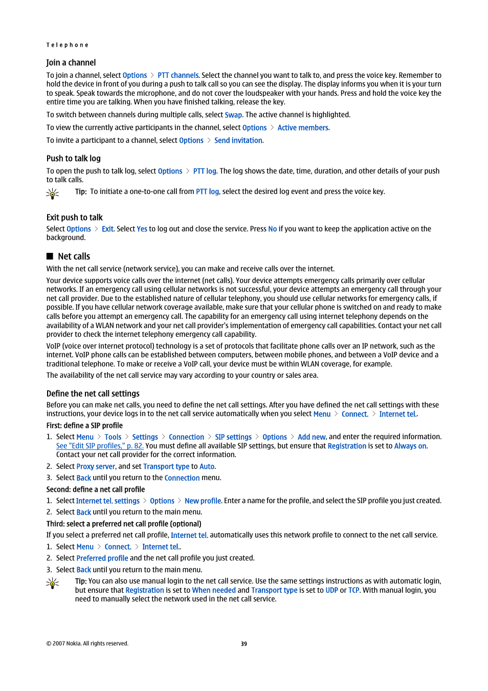 Join a channel, Push to talk log, Exit push to talk | Net calls, Define the net call settings | Nokia E61i User Manual | Page 71 / 241