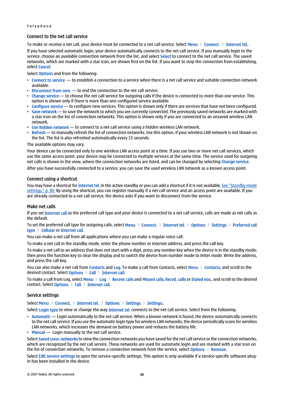 Connect to the net call service, Connect using a shortcut, Make net calls | Service settings | Nokia E61i User Manual | Page 72 / 241