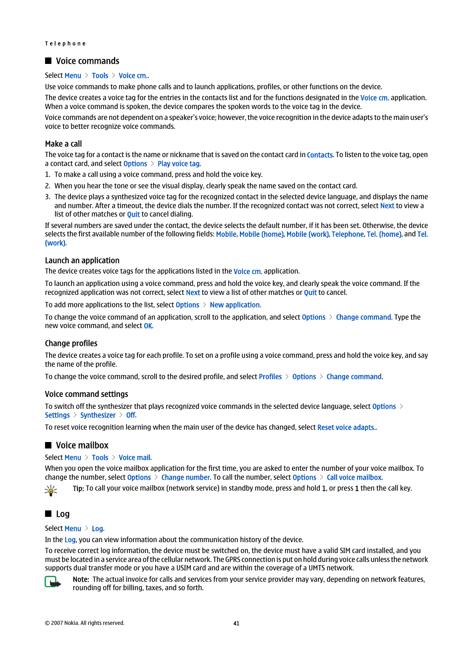 Voice commands, Make a call, Launch an application | Change profiles, Voice command settings, Voice mailbox | Nokia E61i User Manual | Page 73 / 241