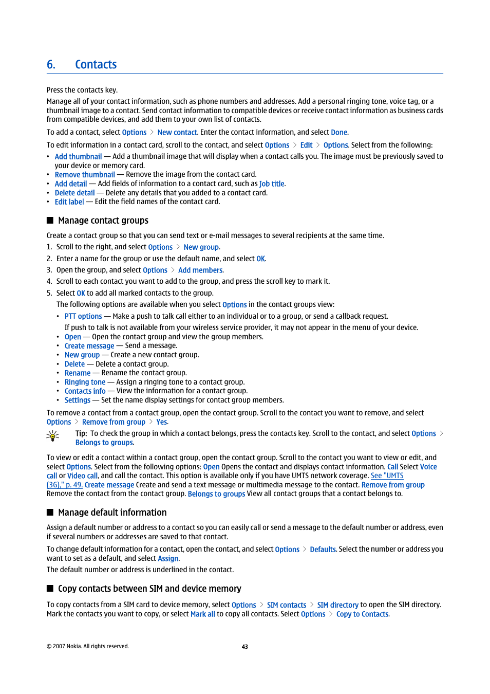 Contacts, Manage contact groups, Manage default information | Copy contacts between sim and device memory | Nokia E61i User Manual | Page 75 / 241