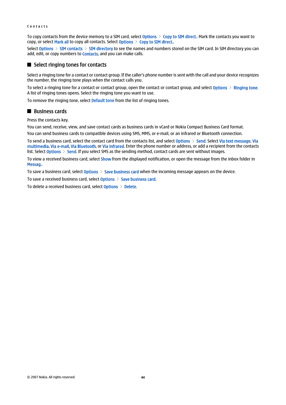 Select ringing tones for contacts, Business cards | Nokia E61i User Manual | Page 76 / 241