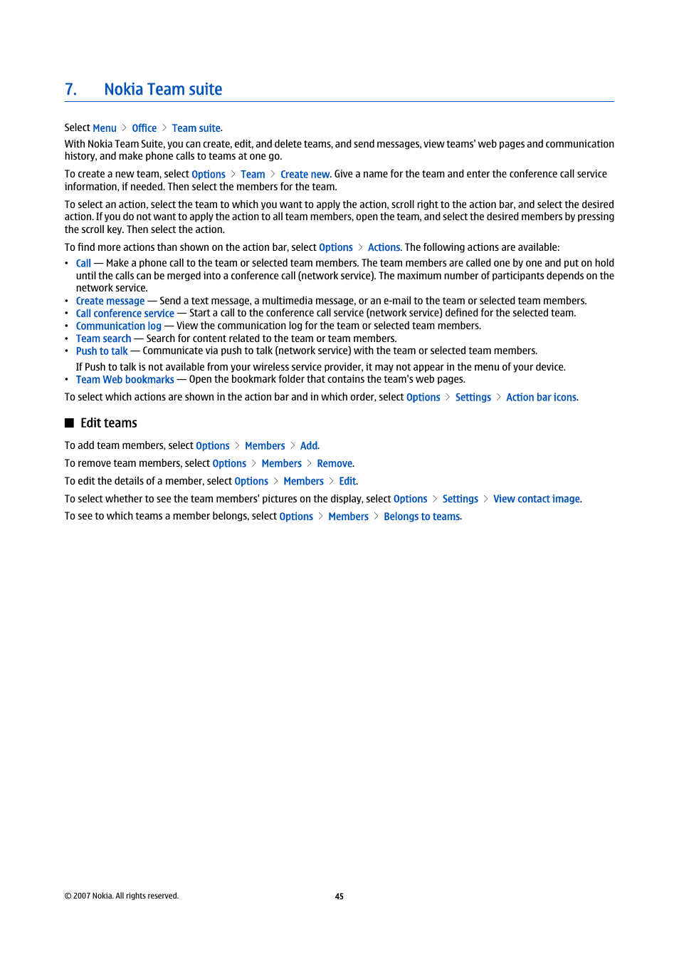 Nokia team suite, Edit teams | Nokia E61i User Manual | Page 77 / 241