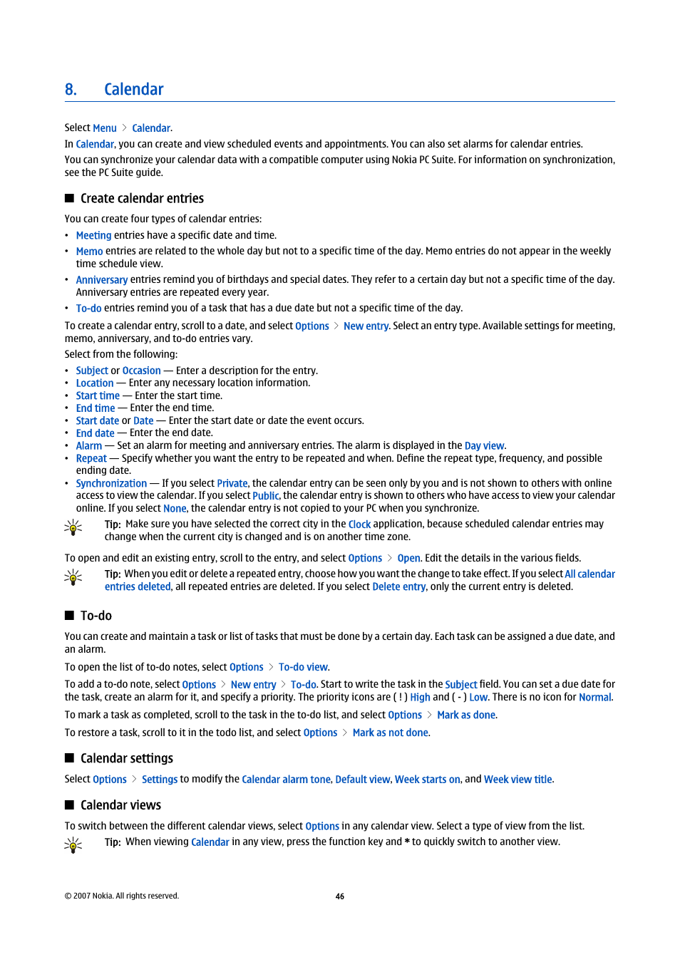 Calendar, Create calendar entries, To-do | Calendar settings, Calendar views | Nokia E61i User Manual | Page 78 / 241