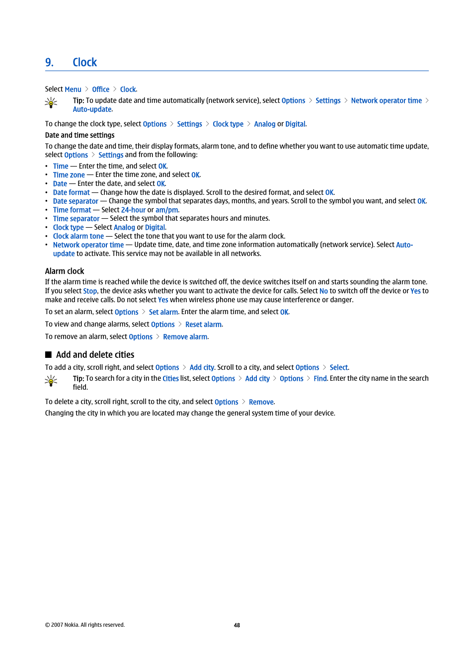 Clock, Add and delete cities, Alarm clock | Nokia E61i User Manual | Page 80 / 241