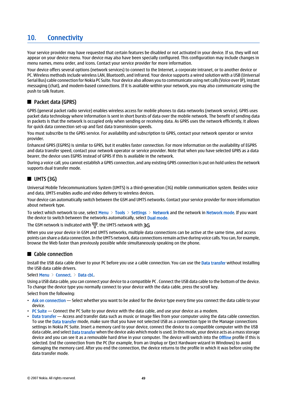 Connectivity, Packet data (gprs), Umts (3g) | Cable connection, Umts (3g)," p. 49 | Nokia E61i User Manual | Page 81 / 241