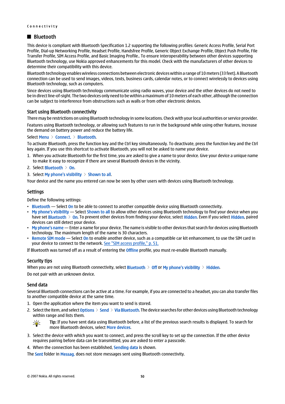 Bluetooth, Start using bluetooth connectivity, Settings | Security tips, Send data | Nokia E61i User Manual | Page 82 / 241